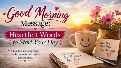 Good morning message with heartfelt words, sunrise, flowers, coffee, and positive daily inspiration