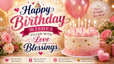 Happy Birthday Wishes graphic with pink cake, glowing candles, balloons, roses, gifts, love, and blessings.