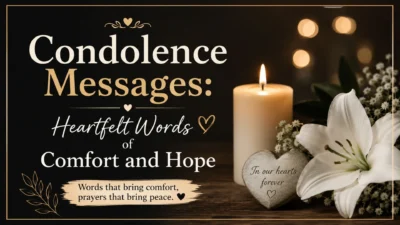 Condolence messages graphic with candle, white flowers, dove, and heartfelt words of comfort and hope.
