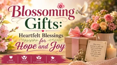 Blossoming Gifts banner with flowers, dove, candle, gift box, and heartfelt blessings for hope and joy.