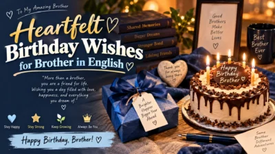 Heartfelt birthday wishes for brother in English with cake, gift box, candles, and warm celebration decor