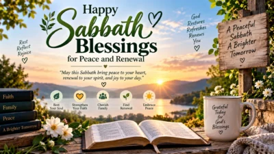 Happy Sabbath blessings for peace and renewal with open Bible, sunrise, lake, flowers, and faith-inspired scenery