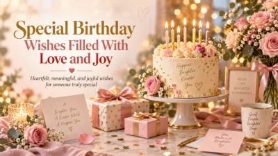 Special birthday wishes with cake, candles, pink roses, gifts, and warm love-filled celebration decor