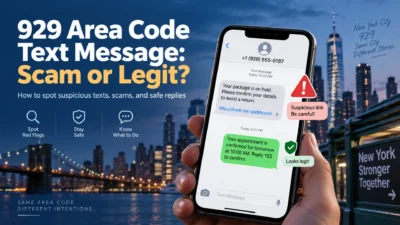 929 area code text message scam alert with suspicious link warning and New York City background