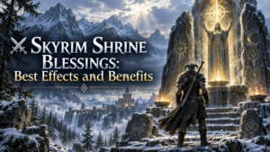 Skyrim shrine blessings guide with Dragonborn warrior, glowing divine shrine, snowy mountains, and fantasy landscape