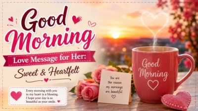 Good morning love message for her with pink roses, heart mug, sunrise, and romantic heartfelt wishes.