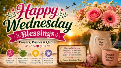 Happy Wednesday blessings with sunrise, flowers, coffee, prayers, wishes, faith, and positive quotes.