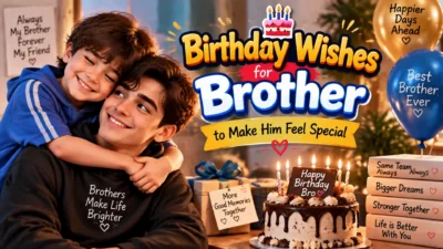 Birthday wishes for brother banner with two brothers, birthday cake, gifts, and heartfelt celebration message