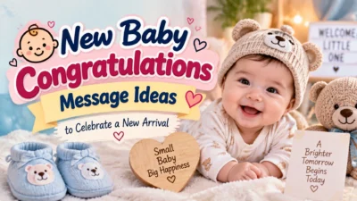 New baby congratulations message ideas banner with smiling baby, teddy bear, and newborn celebration theme
