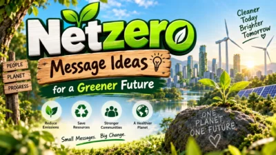 Netzero message ideas with renewable energy, solar panels, wind turbines, and a greener city