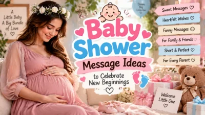 Baby shower message ideas image with pregnant woman, gifts, teddy bear, and celebration theme