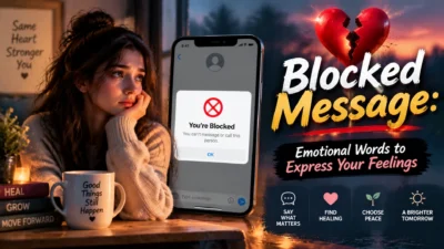 Emotional blocked message graphic with sad woman, broken heart, and healing words about expressing feelings