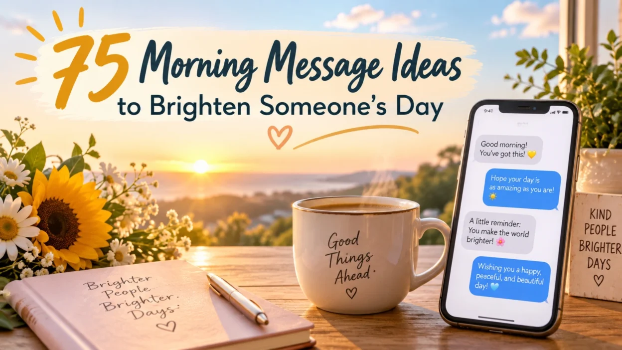 Morning message ideas at sunrise with coffee, flowers, a phone showing uplifting texts, and a warm peaceful setting