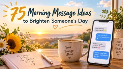 Morning message ideas at sunrise with coffee, flowers, a phone showing uplifting texts, and a warm peaceful setting