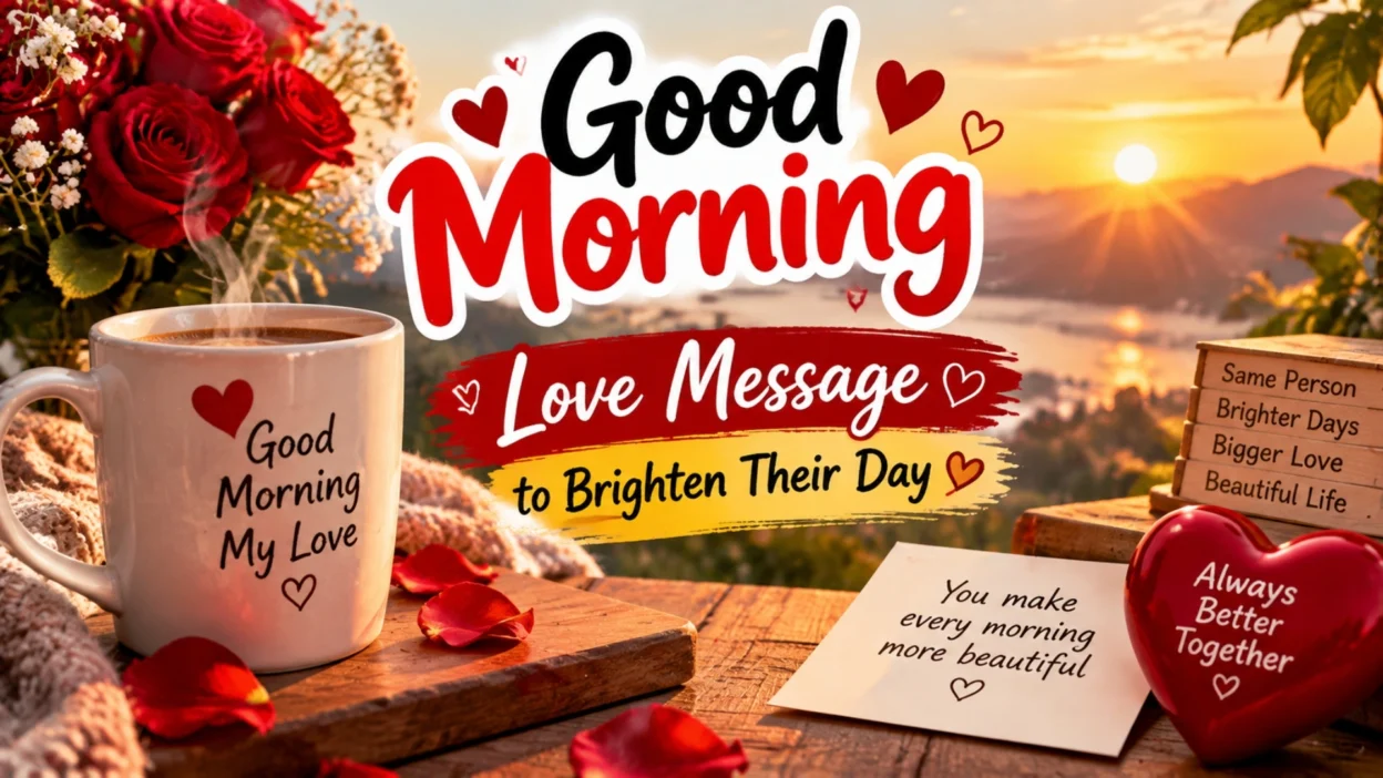 Good morning love message thumbnail with roses, coffee, sunrise, and romantic greeting design