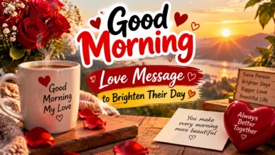 Good morning love message thumbnail with roses, coffee, sunrise, and romantic greeting design