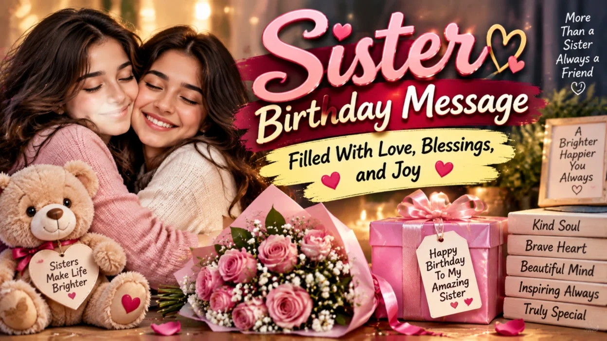 Sister birthday message graphic with sisters hugging, flowers, gifts, and loving birthday wishes