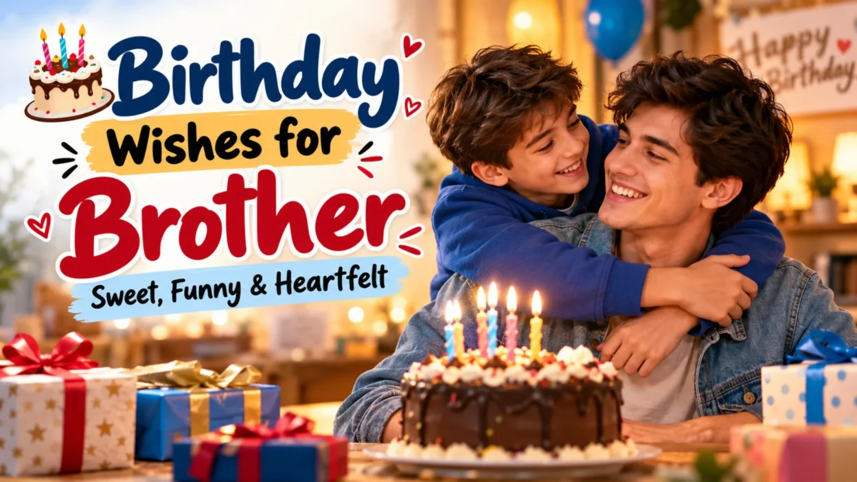 Birthday wishes for brother illustration featuring two smiling brothers hugging beside a birthday cake, candles, and gifts.