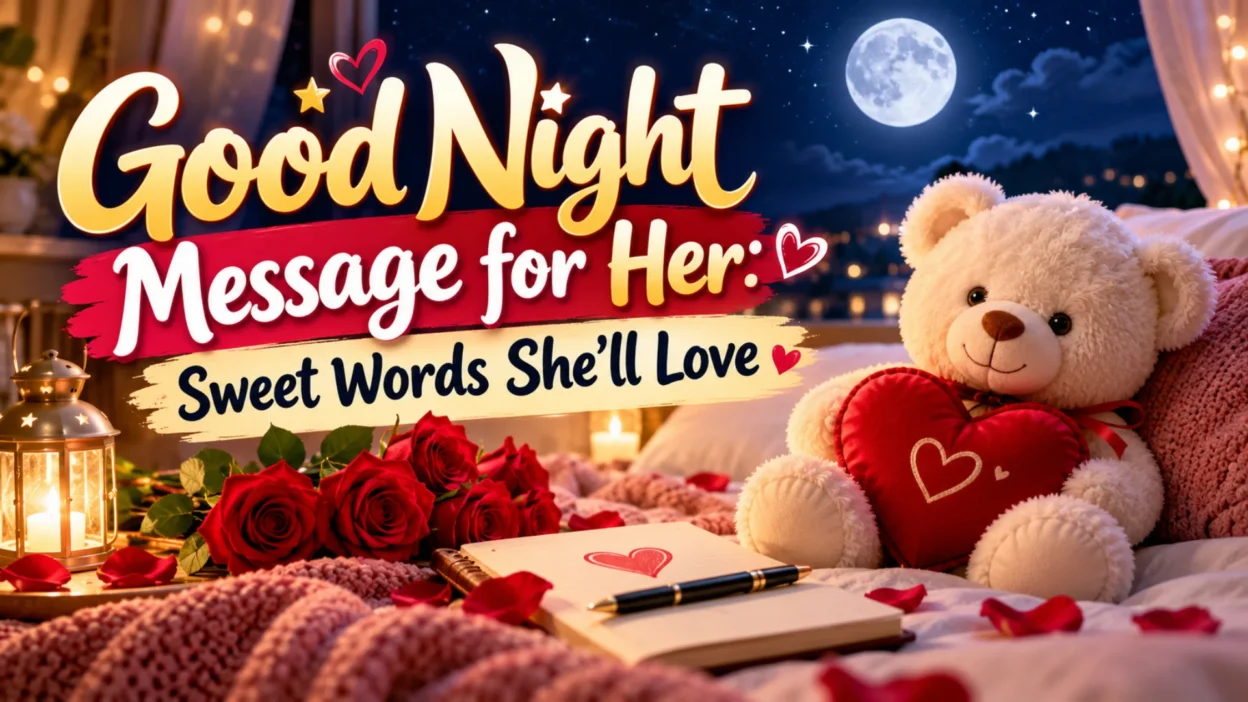 Good night message for her illustration featuring a cute teddy bear, red roses, glowing lantern, and romantic moonlit sky.