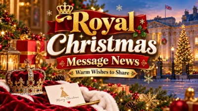 Royal Christmas message news featuring a golden crown, decorated Christmas tree, festive gifts, and Buckingham Palace.