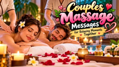 Couples massage graphic with relaxing spa scene, candles, flowers, massage oils, and romantic wellness setting