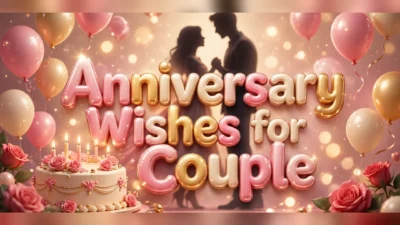 anniversary wishes for couple illustration featuring big pink and gold 3D bubble letters in front of a romantic couple silhouette, a candlelit rose cake, balloons and red roses