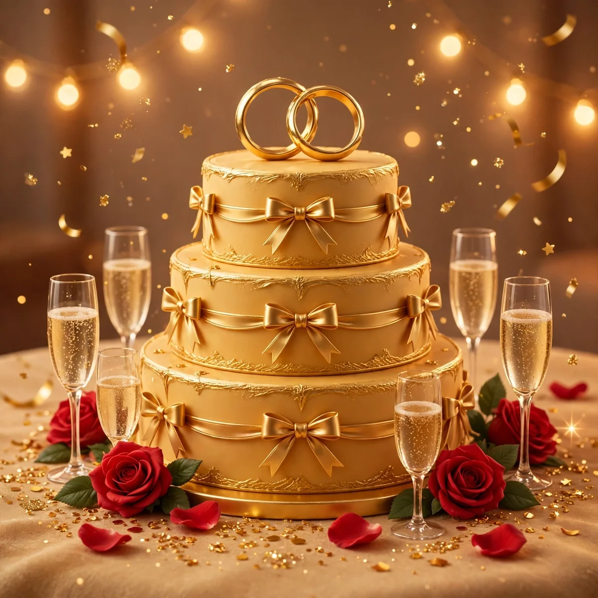 A three-tier golden anniversary cake topped with two intertwined gold rings, surrounded by champagne glasses, red roses and sparkling golden confetti