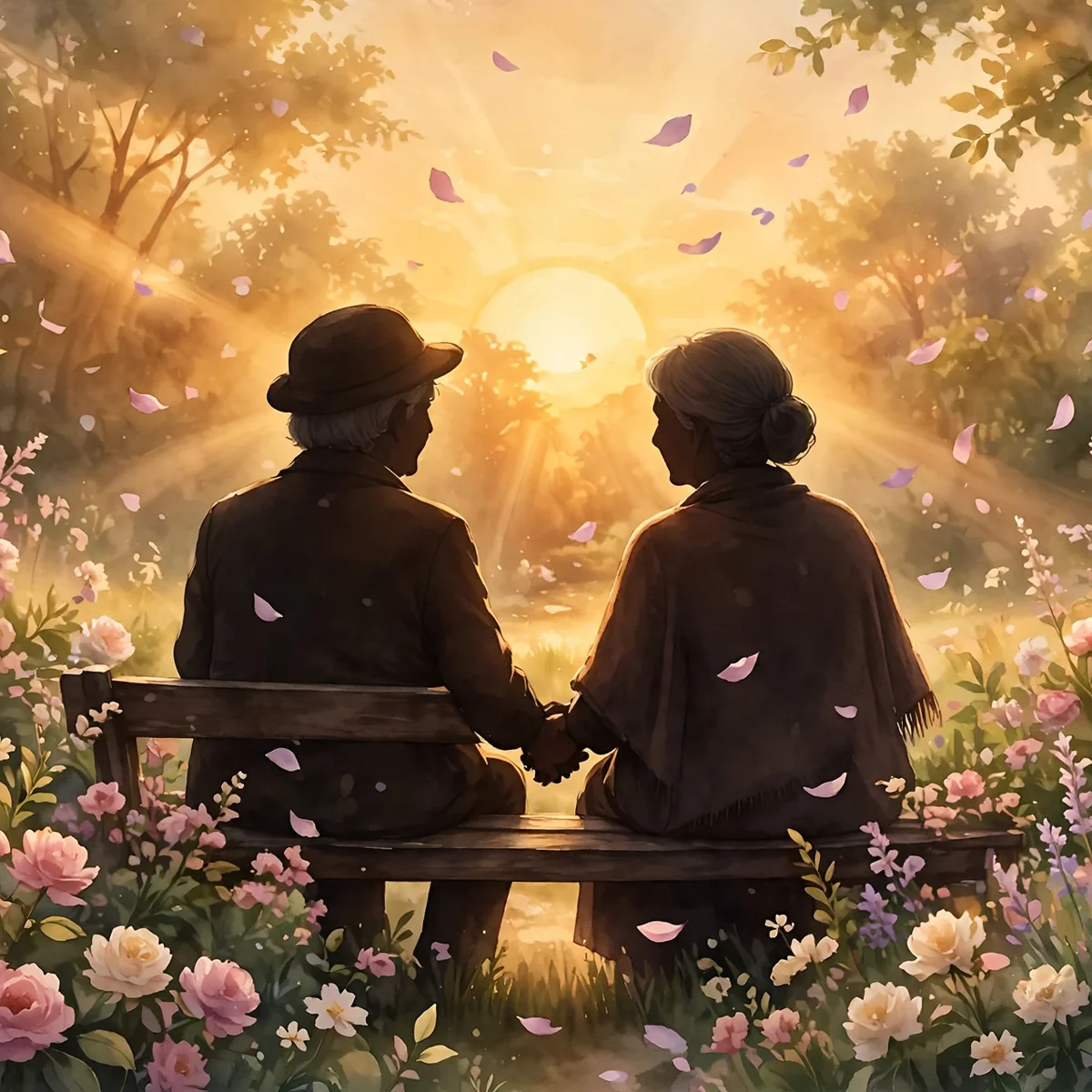 An elderly couple holding hands on a wooden garden bench at sunset, seen from behind, surrounded by pink and cream roses with petals drifting in warm golden light.