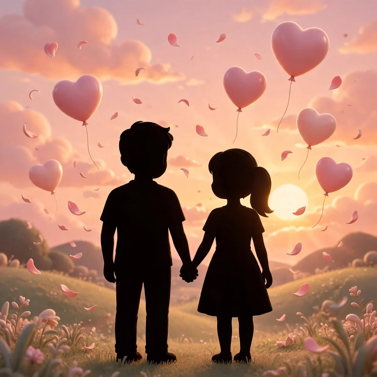 A young couple silhouette holding hands and watching a pink sunset, surrounded by floating heart-shaped balloons and drifting rose petals