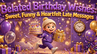 Belated birthday wishes illustration featuring a cheerful 3D character holding a birthday cake beside a big ticking clock, with balloons and confetti in the air.