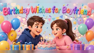 The words Birthday Wishes for Boyfriend in big colourful glossy 3D balloon letters — pink, purple, blue, orange and coral — above a smiling cartoon couple leaning over a birthday cake with lit candles, wrapped gift boxes and balloons all around.