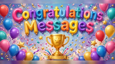 The words Congratulations Messages in big colourful glossy 3D balloon letters — pink, yellow, purple, blue, orange and teal — above a giant golden trophy with a star, surrounded by balloons, gold stars and confetti.