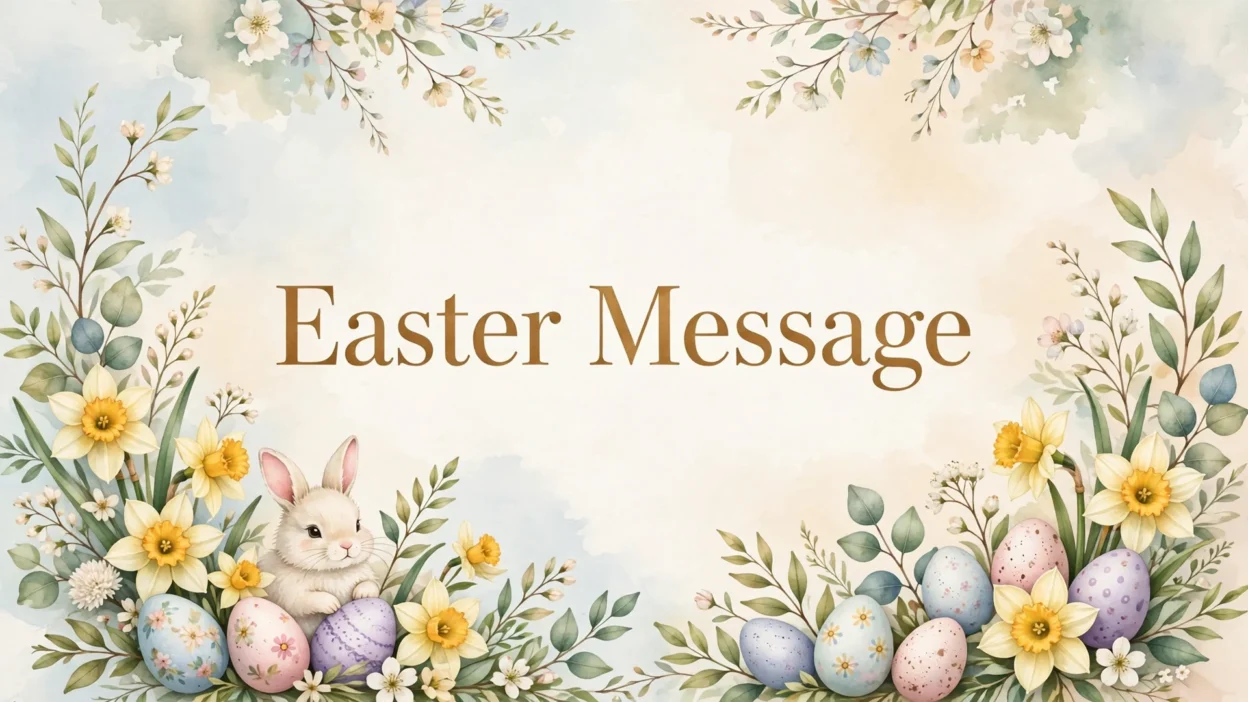 The words Easter Message in elegant gold letters above a cute white bunny sitting among yellow daffodils and pastel painted Easter eggs, framed by soft watercolour spring branches and blossoms.