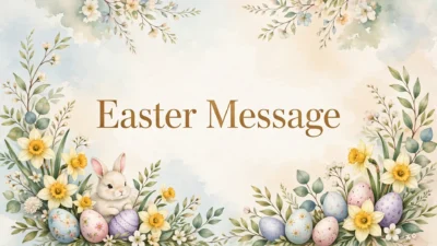 The words Easter Message in elegant gold letters above a cute white bunny sitting among yellow daffodils and pastel painted Easter eggs, framed by soft watercolour spring branches and blossoms.
