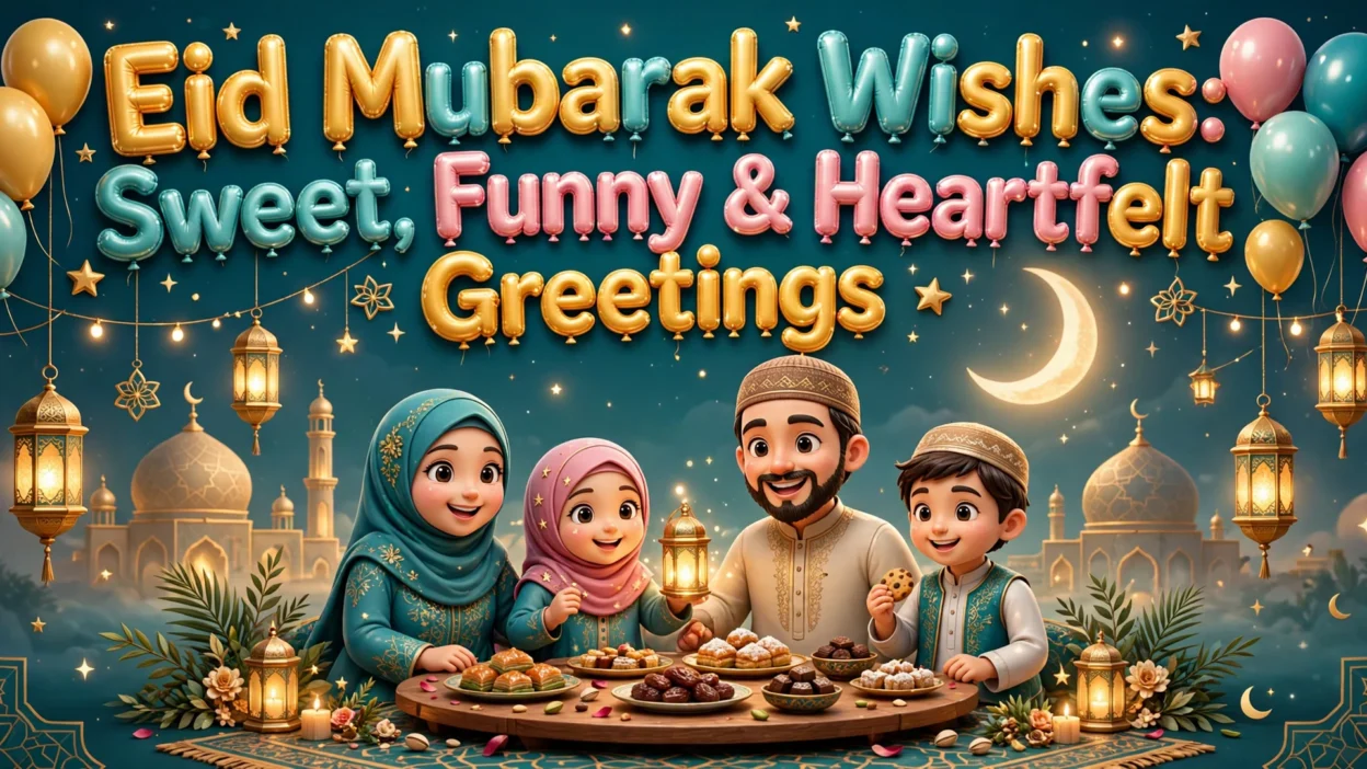 Eid Mubarak wishes illustration featuring a happy Muslim family gathered around a table of Eid sweets under a glowing crescent moon, lanterns, balloons, and mosque domes.