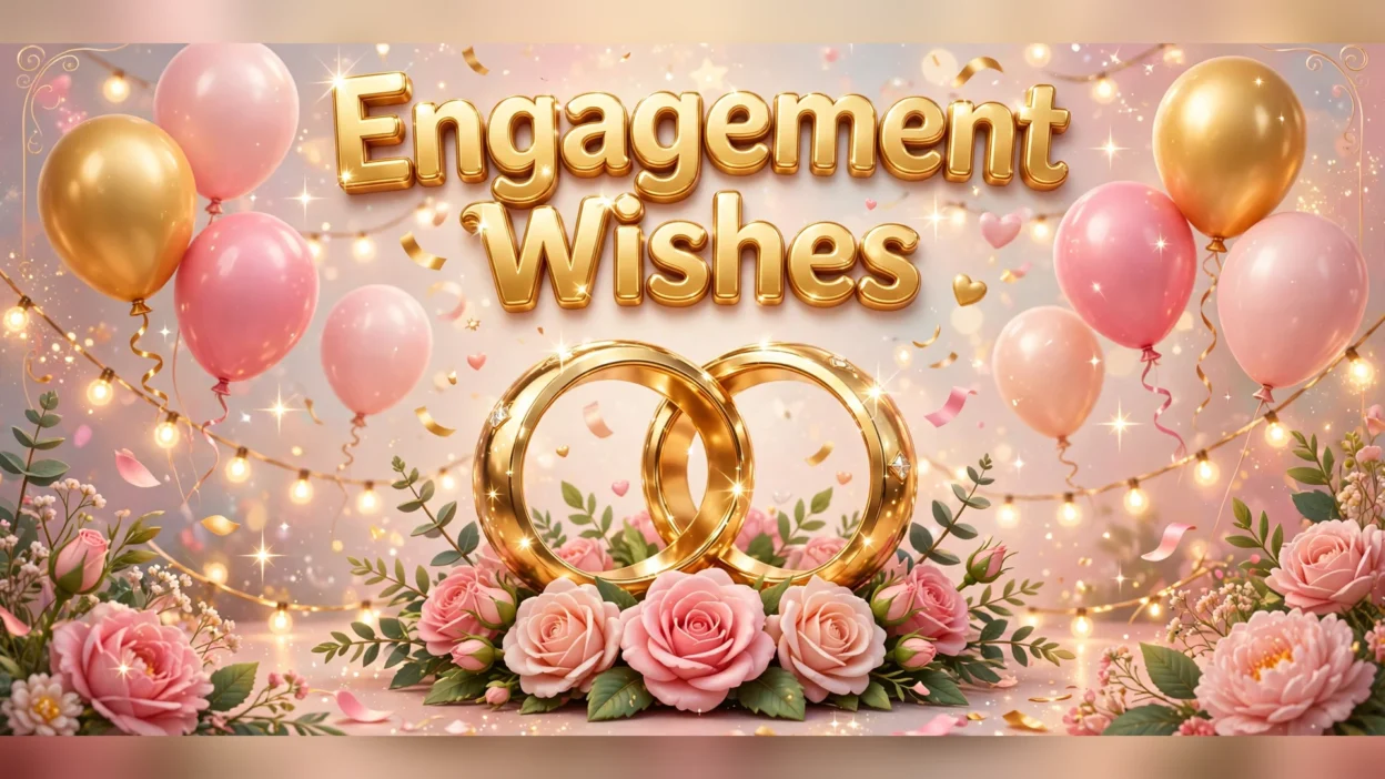 Big glossy gold 3D balloon letters spelling Engagement Wishes above two interlocked golden rings resting in pink roses, with pink and gold balloons, fairy lights and confetti around them.