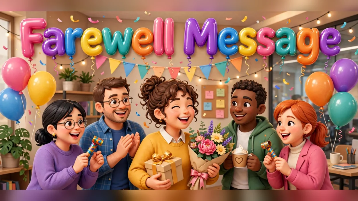 Big colourful glossy 3D balloon letters spelling Farewell Message above five smiling cartoon colleagues at an office farewell party, with the colleague in the middle holding a wrapped gift box and a bouquet of flowers, surrounded by balloons, bunting and confetti.