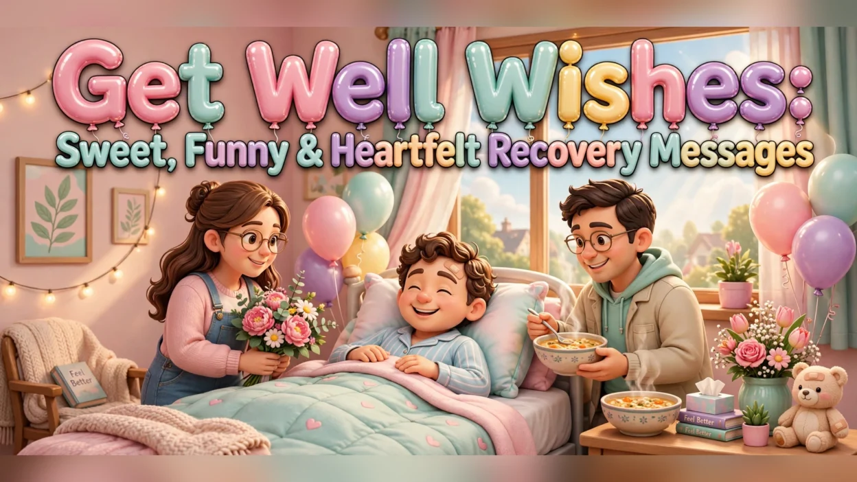 Get well wishes illustration featuring a smiling 3D character resting in a cozy bed with flowers, balloons, and a get well card nearby.