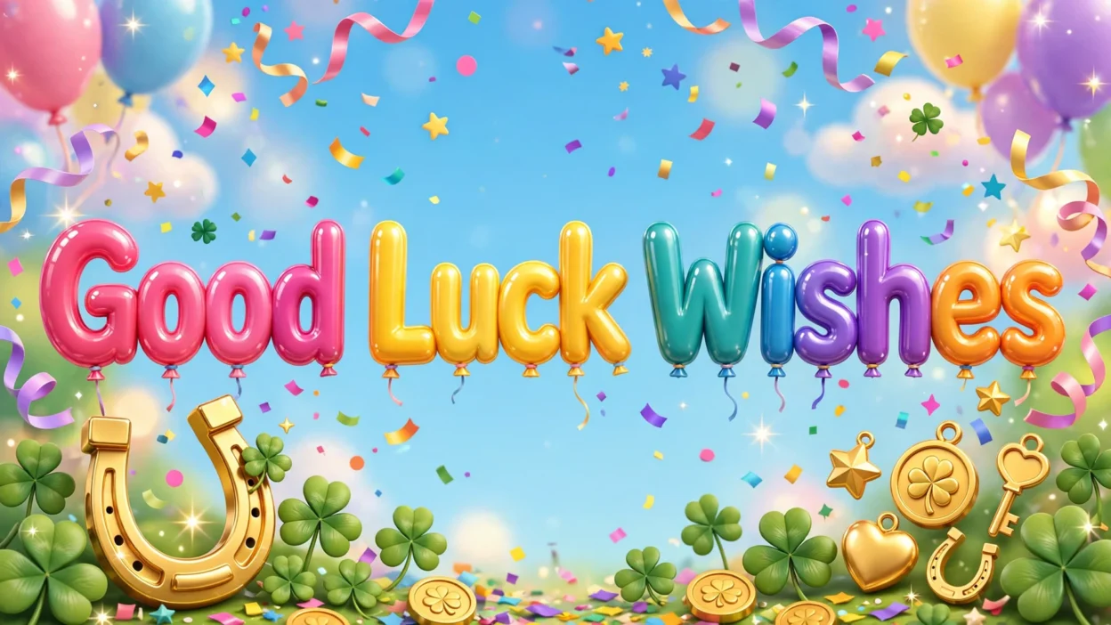 The words Good Luck Wishes in big colourful glossy 3D balloon letters — pink, yellow, teal, purple and orange — above a giant golden horseshoe, four-leaf clovers and gold lucky charms under a bright confetti-filled sky.