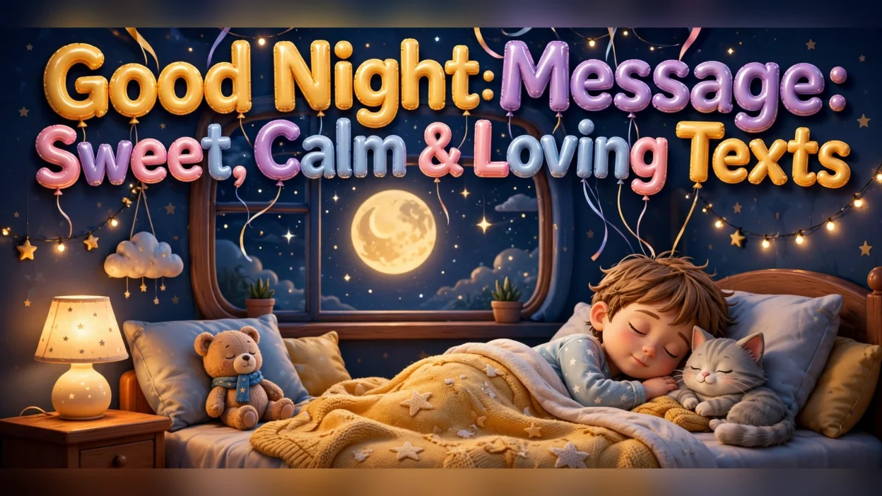 good night message illustration featuring a cozy moonlit bedroom with a glowing crescent moon, twinkling stars, and a peaceful sleeping scene.
