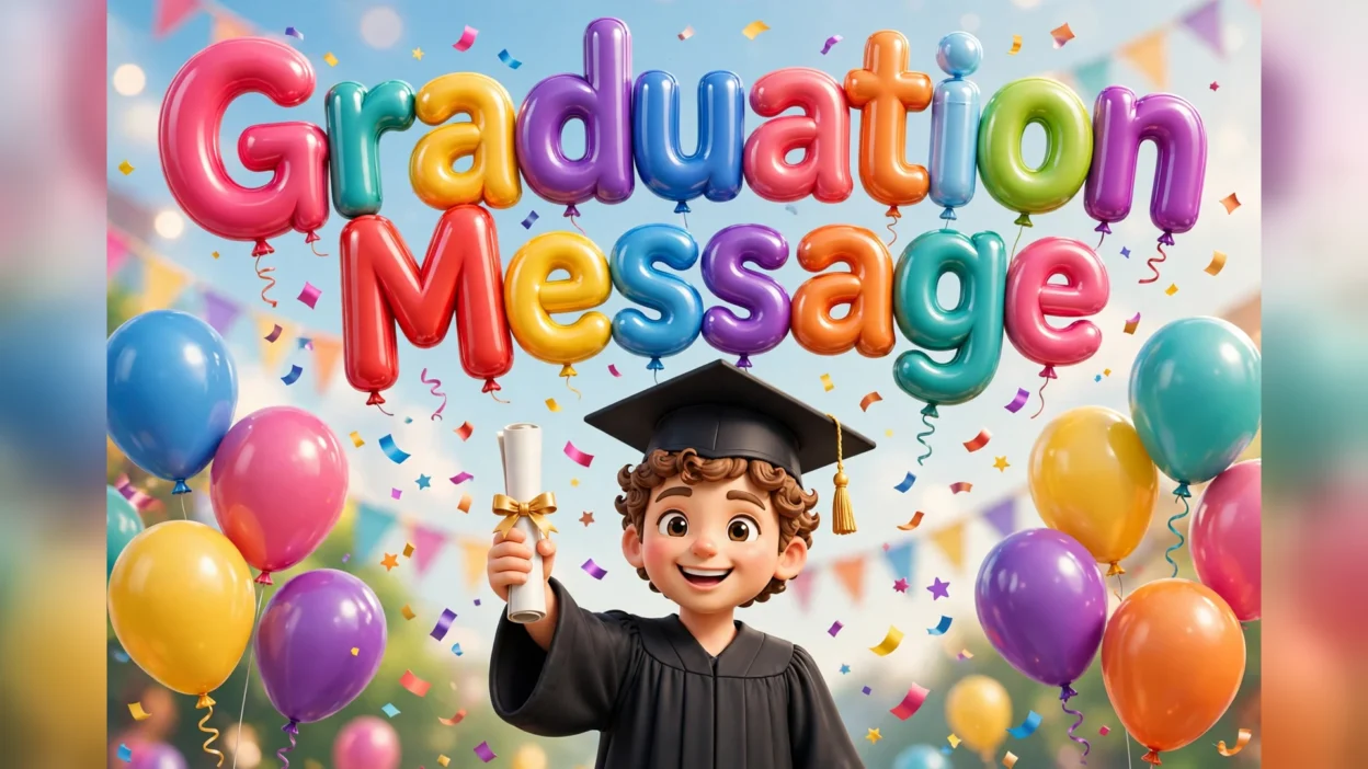 Big colourful glossy 3D balloon letters spelling Graduation Message above a smiling cartoon graduate in a black cap and gown holding up a rolled diploma tied with a gold bow, surrounded by balloons and falling confetti.