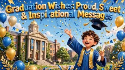 Graduation wishes illustration featuring a joyful graduate in a blue gown throwing a cap in the air with a diploma, balloons, confetti, and a university building.
