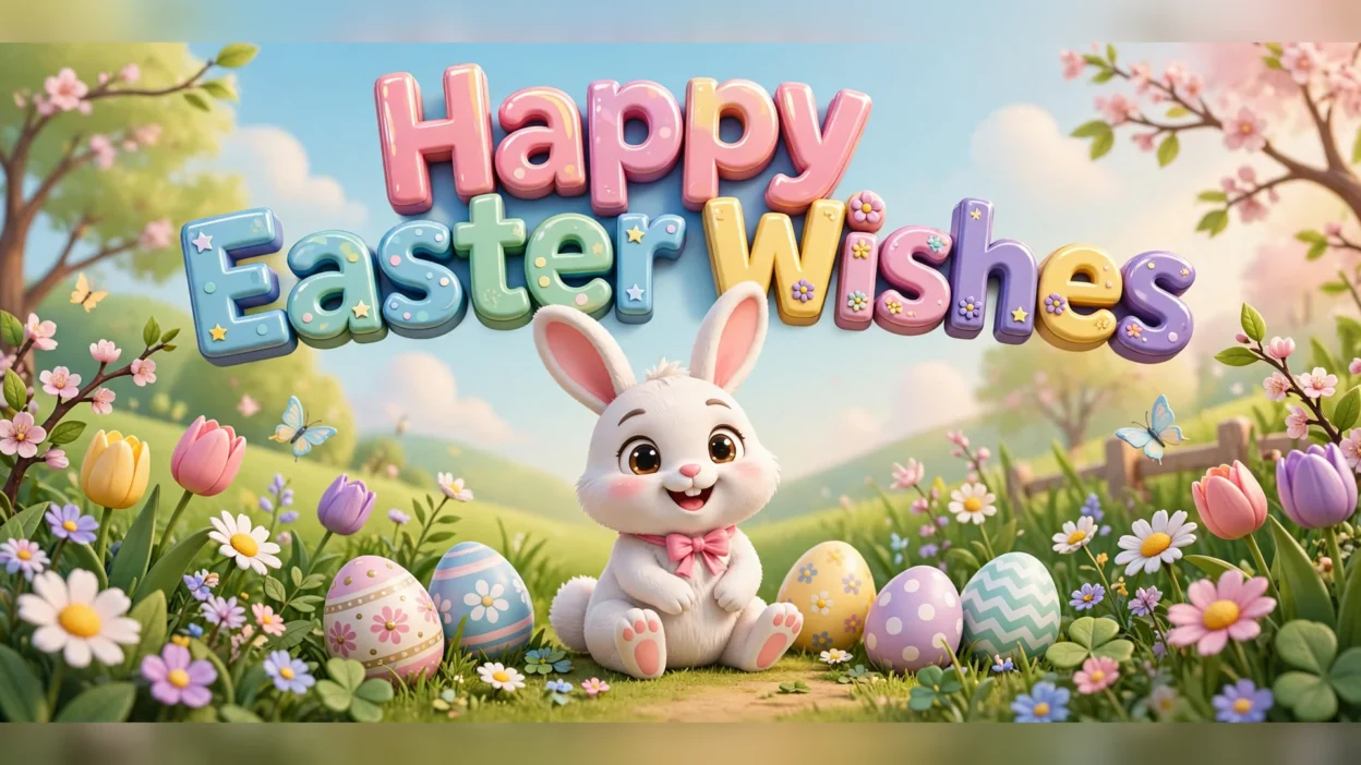 Big colourful glossy 3D letters spelling Happy Easter Wishes above a smiling white bunny with a pink bow, surrounded by decorated Easter eggs, tulips and daisies in a sunny spring meadow.