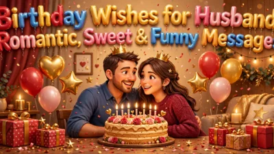 Birthday wishes for husband illustration featuring a smiling husband and wife celebrating together with a birthday cake, balloons, confetti, and wrapped gifts.