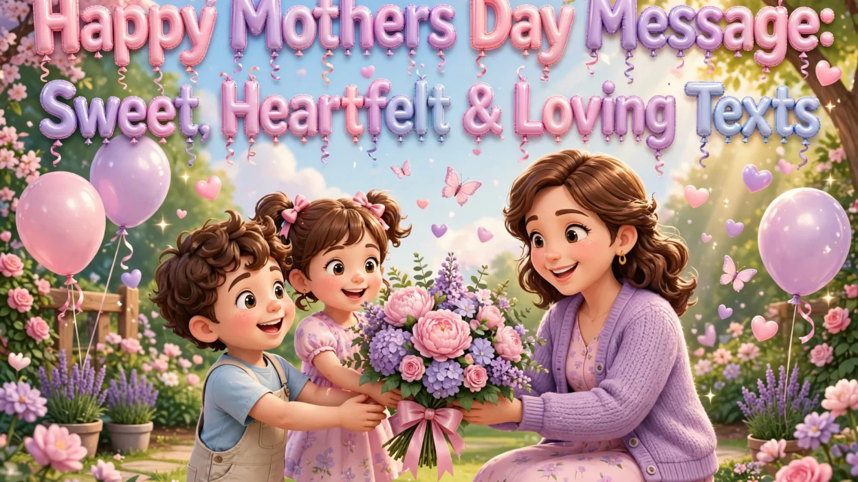 Happy mothers day message illustration featuring a happy 3D mother surrounded by her children in a flower garden with hearts and gifts.