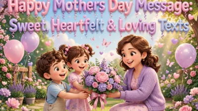 Happy mothers day message illustration featuring a happy 3D mother surrounded by her children in a flower garden with hearts and gifts.
