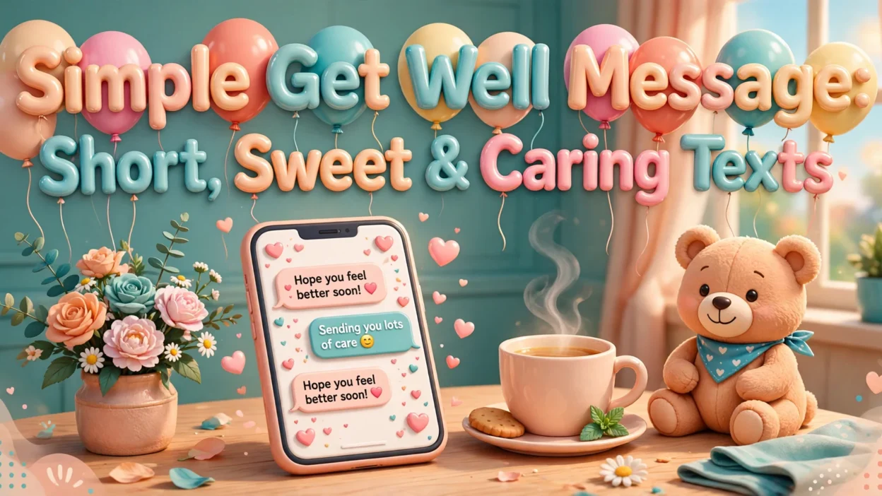Simple get well message illustration featuring a smartphone showing a caring get well text, beside a teddy bear and fresh flowers.