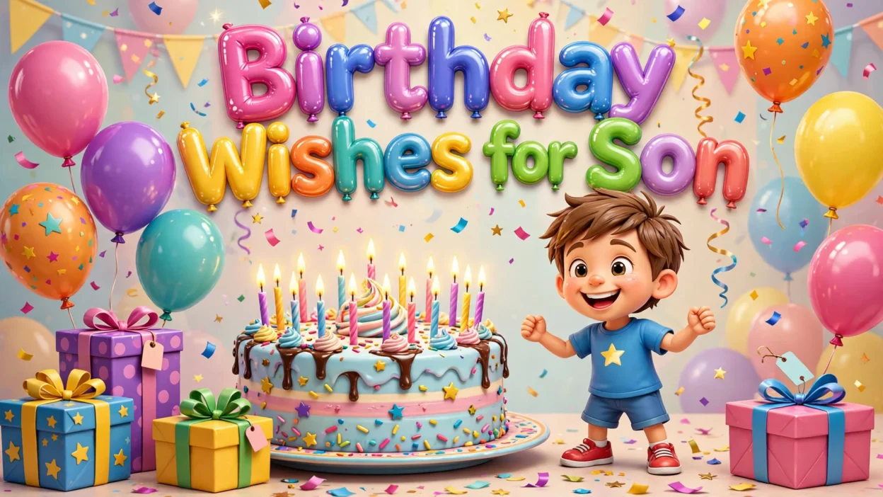 The words Birthday Wishes for Son in big colourful glossy 3D balloon letters — pink, purple, blue, yellow, teal, green and coral — above a smiling cartoon boy standing beside a tall birthday cake covered in lit candles, with wrapped gift boxes, balloons and confetti all around.