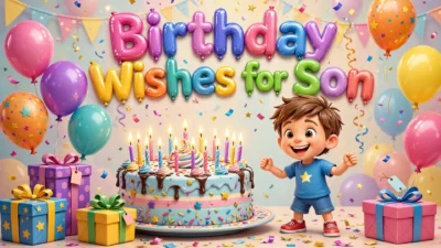 The words Birthday Wishes for Son in big colourful glossy 3D balloon letters — pink, purple, blue, yellow, teal, green and coral — above a smiling cartoon boy standing beside a tall birthday cake covered in lit candles, with wrapped gift boxes, balloons and confetti all around.