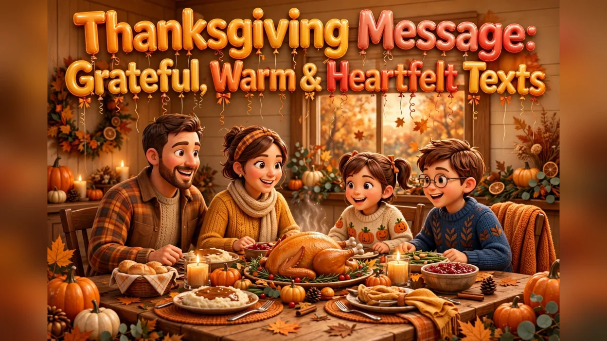 thanksgiving message illustration featuring a warm autumn dinner table with a golden roast turkey, pumpkins, candles, and falling maple leaves.